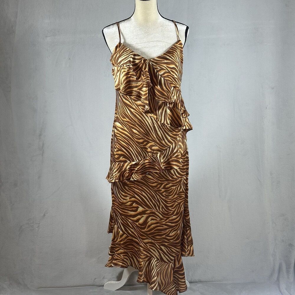 Steve Madden Women’s Dress Size Large Spaghetti Strap Ruffle Color Caramel Zebra